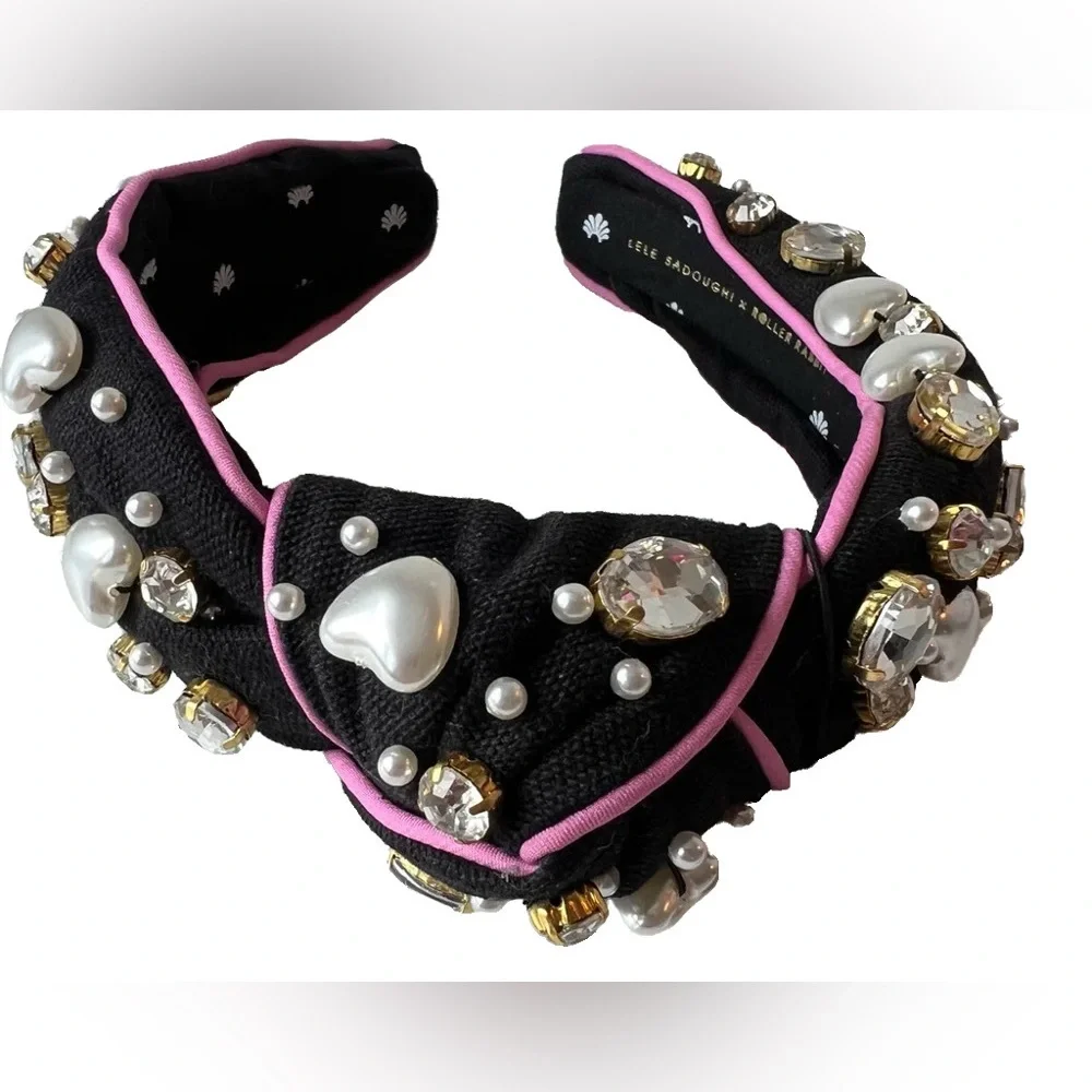 Lele Sadoughi x Roller Rabbit Black and Pink Jewel Embellished Headband - Picture 1 of 3